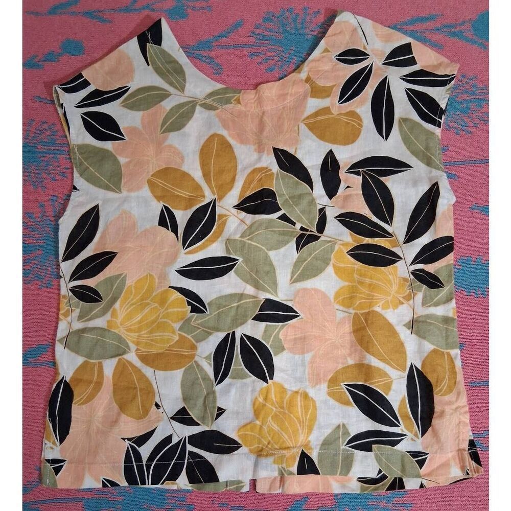 Rachel Zoe womens small 100% linen boxy top mustard yellow green floral blouse - Picture 3 of 8